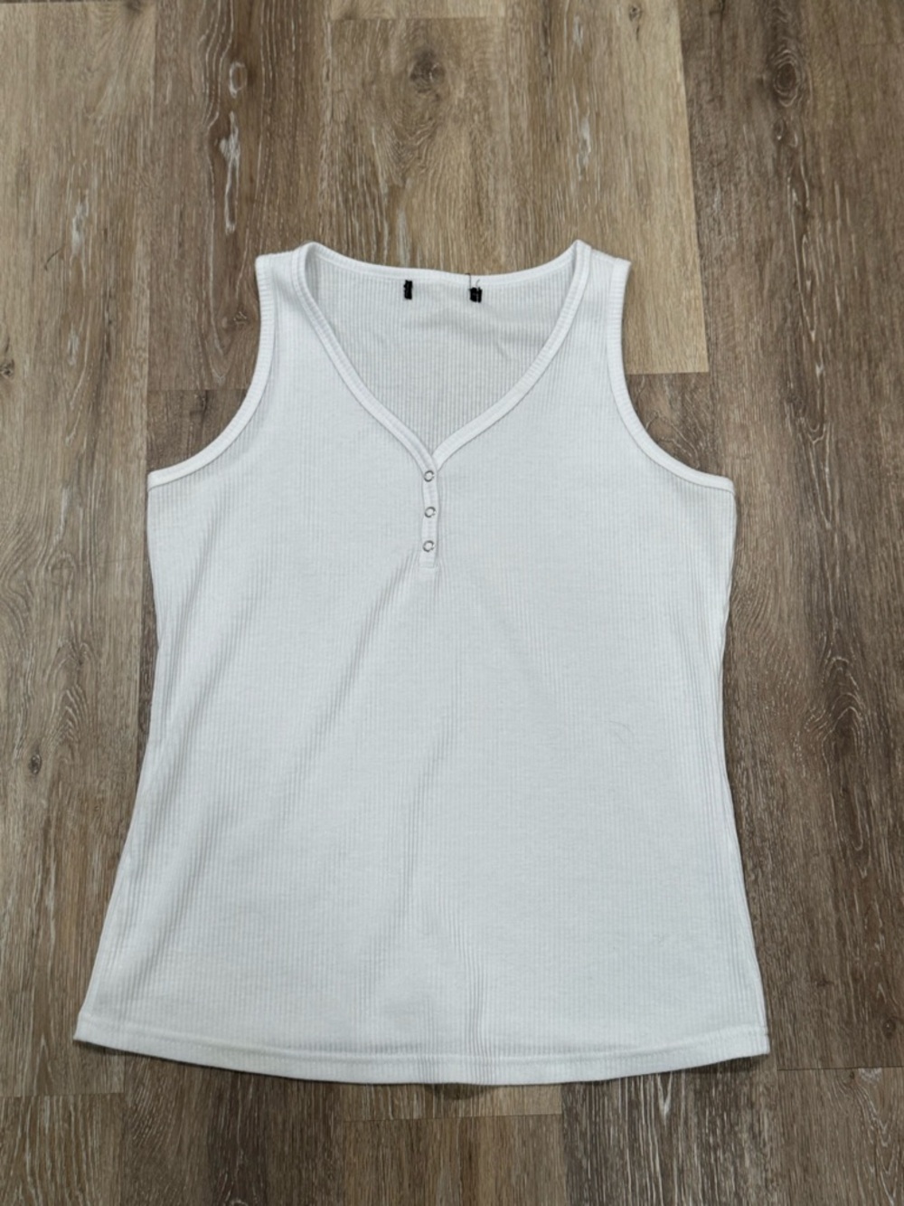 White Ribbed V-Neck Tank Top with Snap Placket